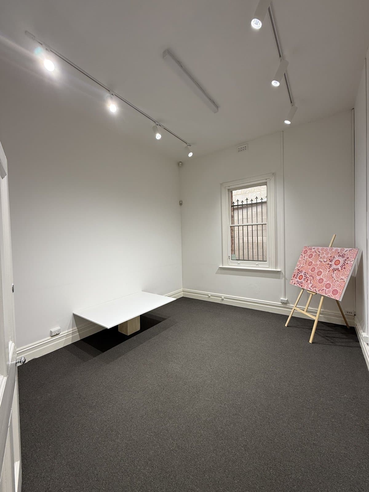 Interior room with ceiling track lights and recessed downlights.